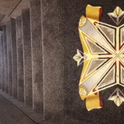 Ciemnoszara wykładzina dywanowa na schodach z wzorem geometrycznym w kształcie gwiazdy w kolorach złota, srebra i czerwieni, widok z góry na dół.