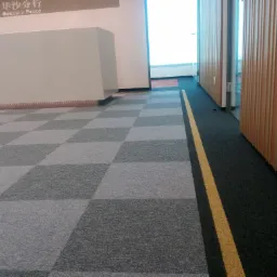 Szara szachownica z materiału dywanowego w biurze, obok ciemnego dywanu z żółtym pasem i drewnianej ściany.