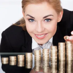 Uśmiechnięta kobieta w czarnej marynarce układa piramidę z monet, symbolizującą wzrost finansowy, na błyszczącej powierzchni.