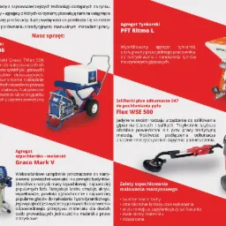 Prezentacja sprzętu: agregat szpachlarski Graco TMax 506, agregat tynkarski PFT Ritmo L, szlifierka Flex WSE 500 i agregat szpachlarsko-malarski Graco Mark V.