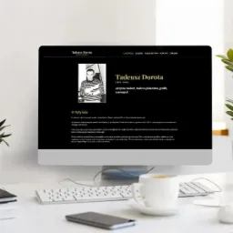 Monitor wyświetlający stronę internetową artysty Tadeusza Doroty na białym biurku, z roślinami i filiżanką kawy w tle. Minimalistyczny design, czarne tło strony.