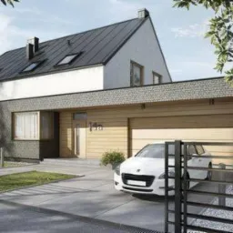 Nowoczesny dom jednorodzinny z garażem w bryle budynku, wykończony w odcieniach szarości i bieli, z drewnianą elewacją garażu i metalowym ogrodzeniem.
