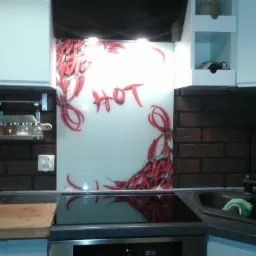 Szklany panel kuchenny z motywem czerwonych papryczek chili i napisem 'HOT' nad płytą indukcyjną w kuchni z ceglaną ścianą.