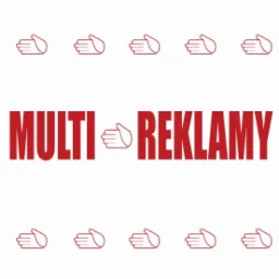 Logo 'MULTI Reklamy' z motywem dłoni w kolorze czerwonym, powtarzające się ikony dłoni na górze i na dole.