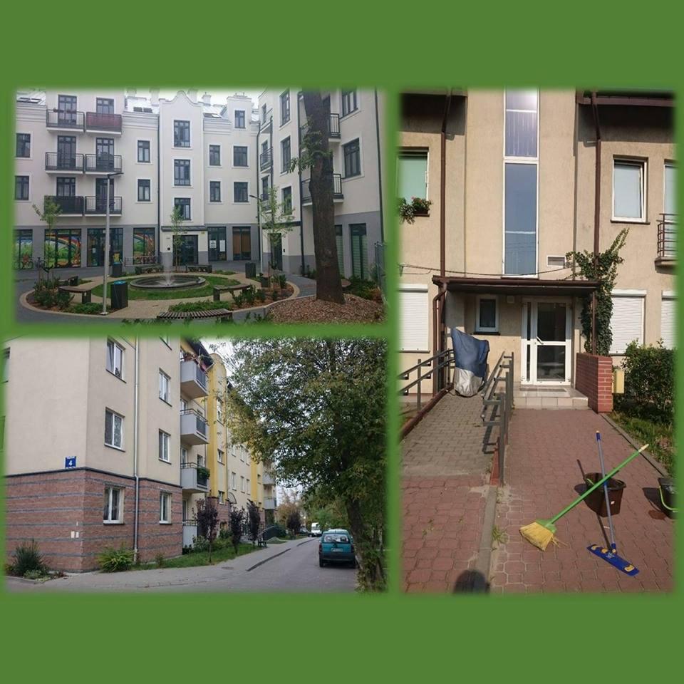 Kompozycja trzech ujęć: fontanna na dziedzińcu, fasada budynku z rampą i narzędzia do sprzątania, ulica z blokami. Zieleń miejska i architektura w jednym kadrze.