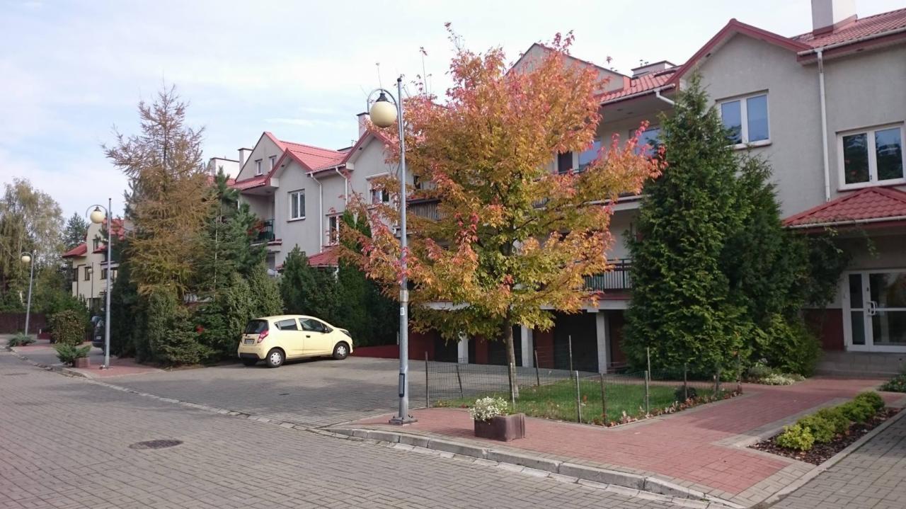 Jesienny krajobraz osiedla z drzewami o barwnych liściach, zadbanymi trawnikami i niskimi krzewami, żółty samochód zaparkowany przy chodniku.