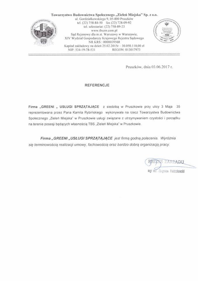 Skan dokumentu referencyjnego dla firmy sprzątającej GREENI USŁUGI SPRZĄTAJĄCE, wystawionego przez Towarzystwo Budownictwa Społecznego Zieleń Miejska z Pruszkowa, datowanego na 03.06.2017.