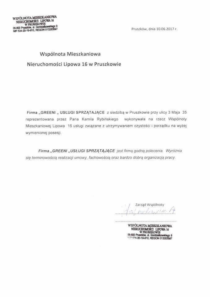 Skan dokumentu z referencjami dla firmy sprzątającej GREENI, wystawionymi przez Wspólnotę Mieszkaniową Nieruchomości Lipowa 16 w Pruszkowie, datowany na 10.06.2017, z podpisem Zarządu Wspólnoty.