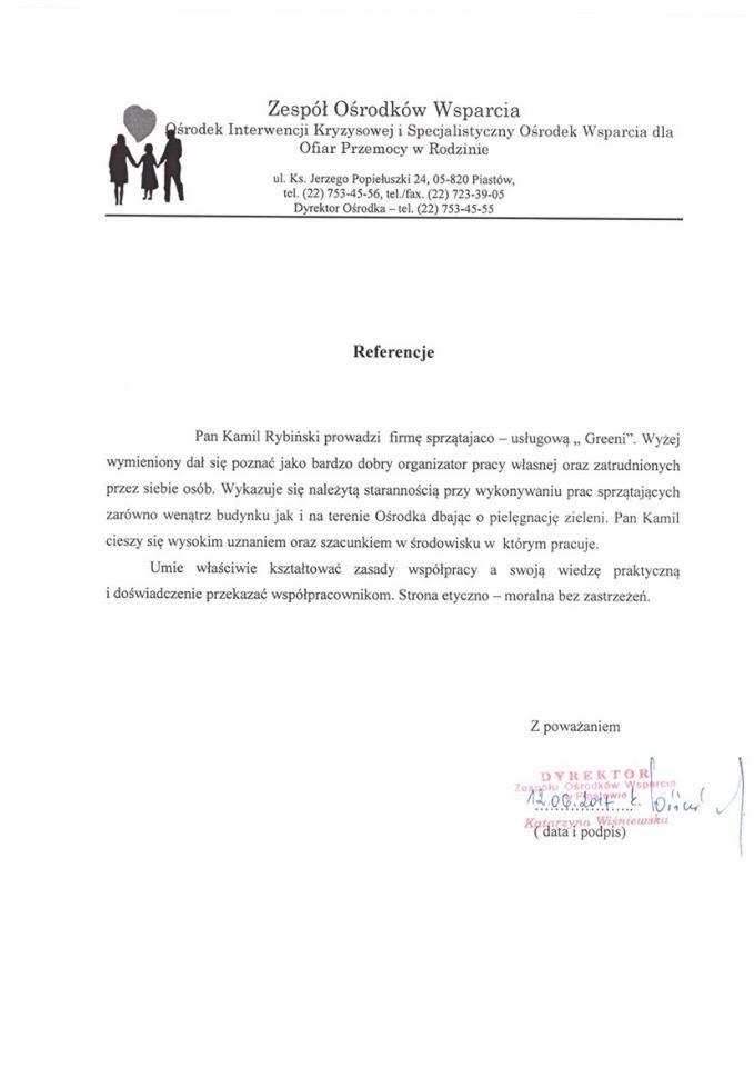 Skan dokumentu referencyjnego dla firmy sprzątającej i pielęgnującej zieleń, wystawionego przez Zespół Ośrodków Wsparcia z datą 12.06.2017.