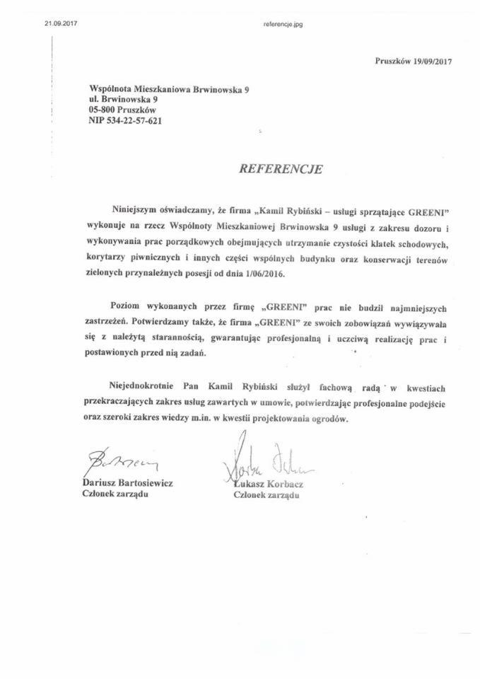 Skan referencji dla firmy sprzątającej GREENI z Pruszkowa, wystawionej przez Wspólnotę Mieszkaniową Brwinowska 9, potwierdzającej jakość usług sprzątania i konserwacji terenów zielonych.