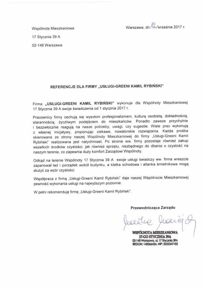 Skan dokumentu z referencjami dla firmy 'Usługi-Greeni Kamil Rybiński', świadczącej usługi dla Wspólnoty Mieszkaniowej, potwierdzający wysoką jakość i profesjonalizm wykonywanych prac.
