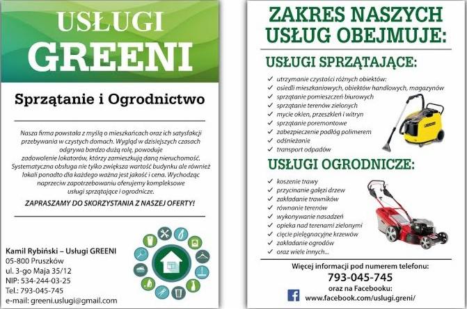 Ulotka reklamowa firmy Usługi GREENI oferującej sprzątanie i ogrodnictwo, z wykazem zakresu usług sprzątających i ogrodniczych, numerem telefonu i adresem Facebooka.
