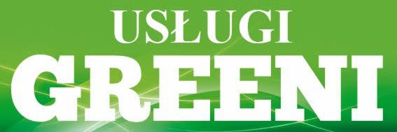 Grafika z napisem 'USŁUGI GREENI' w białych, pogrubionych literach na zielonym tle z delikatnymi, jaśniejszymi wzorami w dolnej części.
