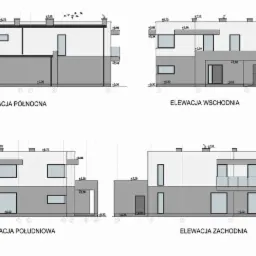 Rzut elewacji domu dwukondygnacyjnego z czterech stron świata: północnej, wschodniej, południowej i zachodniej, przedstawiony w formie technicznego rysunku architektonicznego z naniesionymi wymiarami.