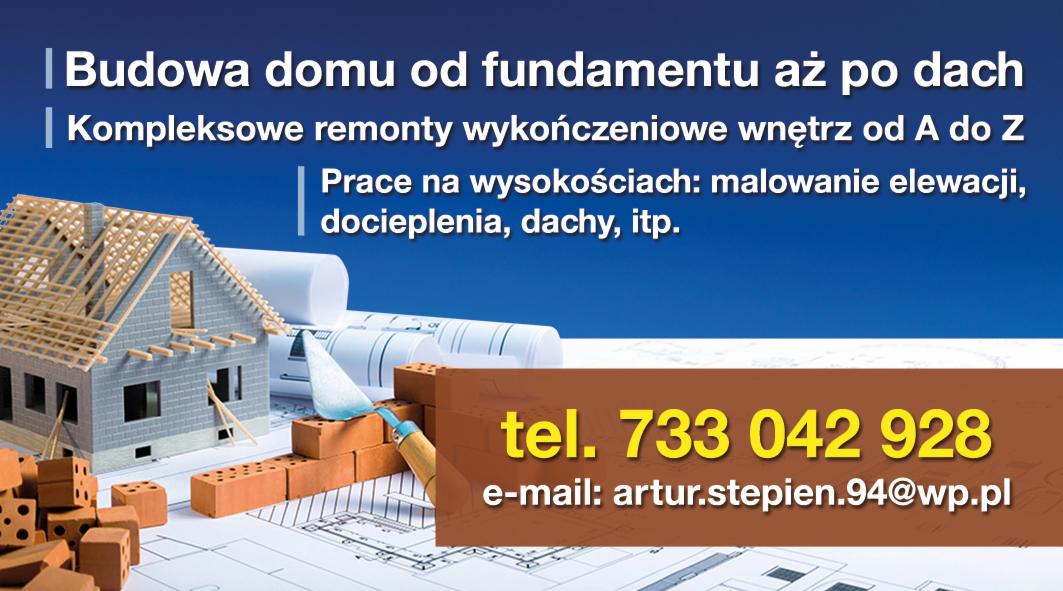 Reklama usług budowlanych: makieta domu w stanie surowym, cegły, kielnia, projekty, numer telefonu i adres e-mail na niebiesko-brązowym tle.
