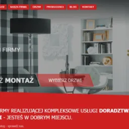 Strona internetowa firmy DOMAR S.C. prezentująca ofertę drzwi do domu i firmy z opcjami pomiaru, sprzedaży oraz montażu. W tle widoczne aranżacje wnętrz z drzwiami.