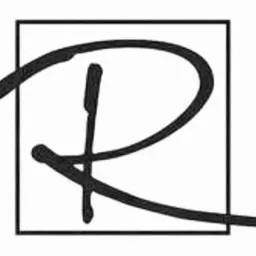 Czarno-białe logo z abstrakcyjną literą 'R' w kwadratowej ramce, wykonane w stylu odręcznym.