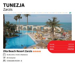 FUTURA TRAVEL BIURO PODRÓŻY - Oferta wycieczki do Tunezji, Zarzis. Hotel Zita Beach Resort z basenem i palmami. Cena dla dorosłych: 2375 PLN, suma: 4750 PLN. Termin: 05.06.2025, 8 dni z Katowic.