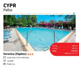 FUTURA TRAVEL BIURO PODRÓŻY - Oferta wakacyjna: Cypr, Pafos. Basen hotelowy w słoneczny dzień, błękitna woda, leżaki i palmy. Cena pobytu: 5798 PLN.