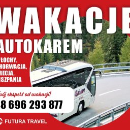 FUTURA TRAVEL BIURO PODRÓŻY - Autokar na tle gór i hasło 'Wakacje autokarem'. Oferta wycieczek do Włoch, Chorwacji, Grecji i Hiszpanii. Kontakt: +48 696 293 877, Futura Travel.