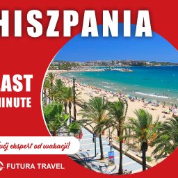 FUTURA TRAVEL BIURO PODRÓŻY - Oferta Last Minute: Hiszpania. Plaża z palmami, turkusowa woda, budynki w tle. Logo Futura Travel. 'Twój ekspert od wakacji!'