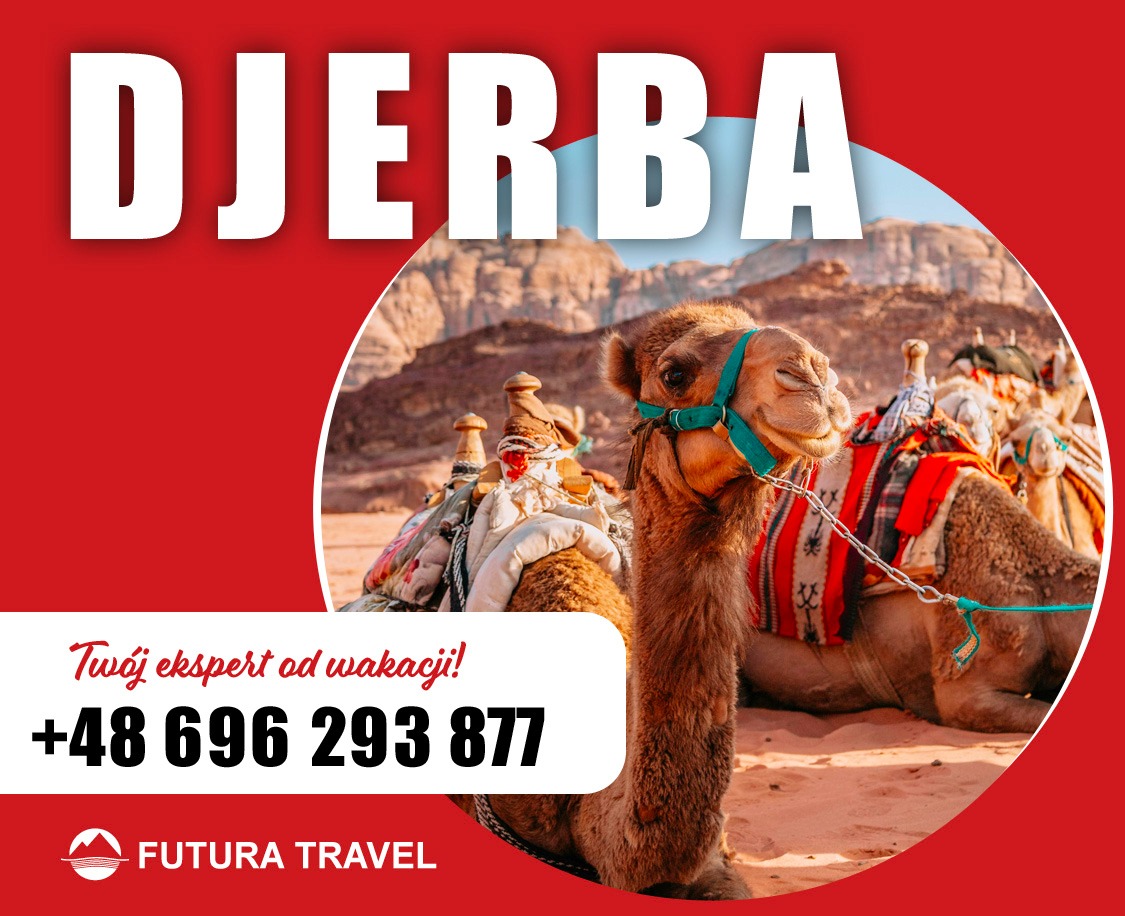 Reklama biura podróży: wielbłąd z siodłem na tle pustynnego krajobrazu Djerby, numer telefonu i logo Futura Travel.