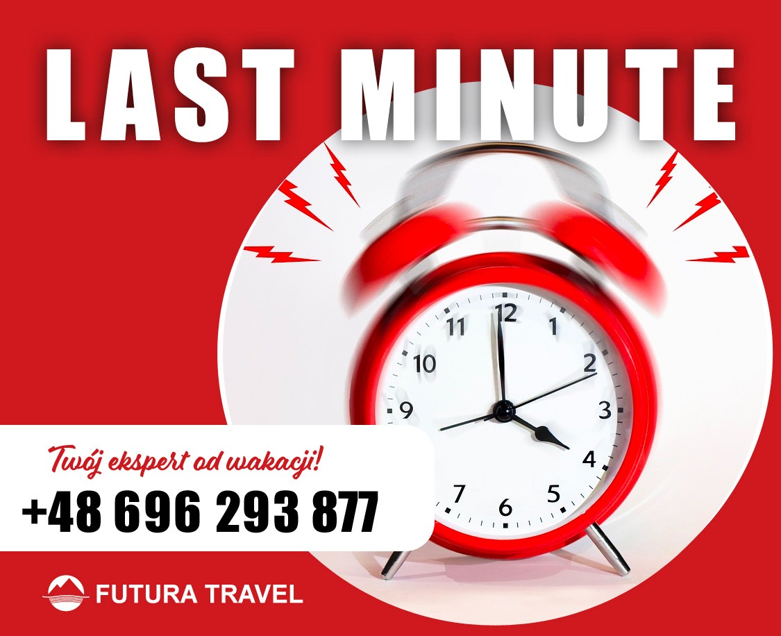 Czerwony budzik z rozmytym dzwonkiem na białym tle z napisem LAST MINUTE, numerem telefonu i logiem Futura Travel, promujący ofertę last minute.