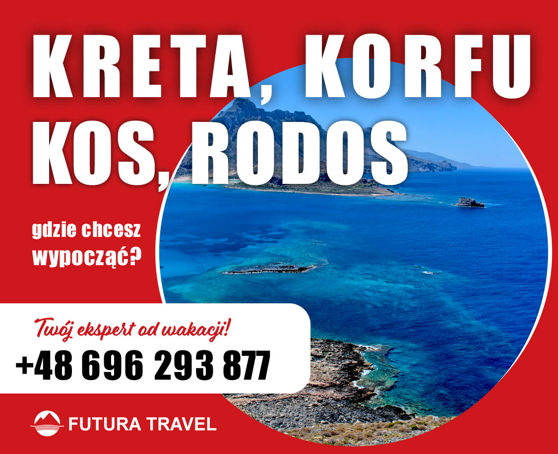 Kreta, Korfu, Kos, Rodos - oferta wakacyjna z widokiem na lazurowe morze i skaliste wybrzeże w okrągłym oknie na czerwonym tle, numer telefonu i logo Futura Travel.