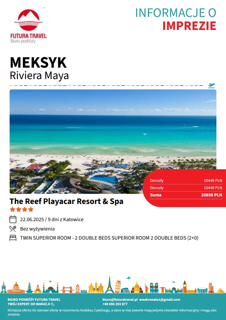 Oferta Futura Travel: Meksyk, Riviera Maya, The Reef Playacar Resort & Spa. Widok z góry na turkusowe morze i kompleks basenowy. Cena wycieczki: 20898 PLN.