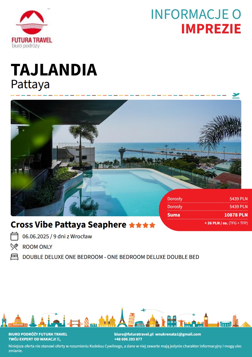Oferta biura podróży: Tajlandia, Pattaya, hotel z basenem na dachu, widok na morze. Informacje o imprezie, termin, cena, standard pokoju.