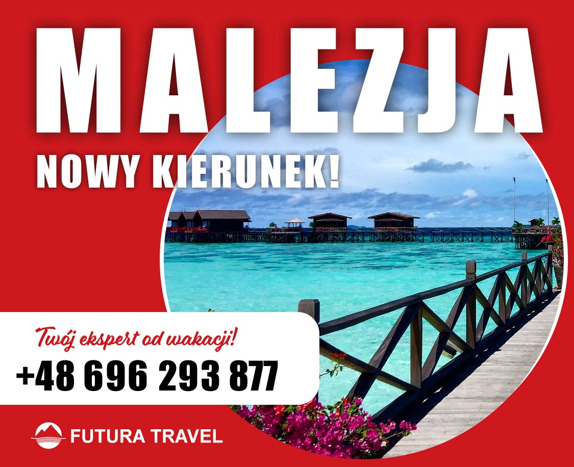 Malowniczy widok na domki na wodzie w Malezji, promujący nowy kierunek podróży. Błękitna woda i drewniany pomost zachęcają do wakacji z Futura Travel.