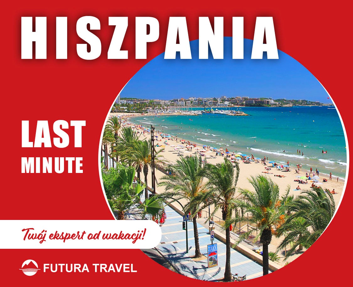 Oferta Last Minute: Hiszpania. Plaża z palmami, turkusowa woda, budynki w tle. Logo Futura Travel. 'Twój ekspert od wakacji!'