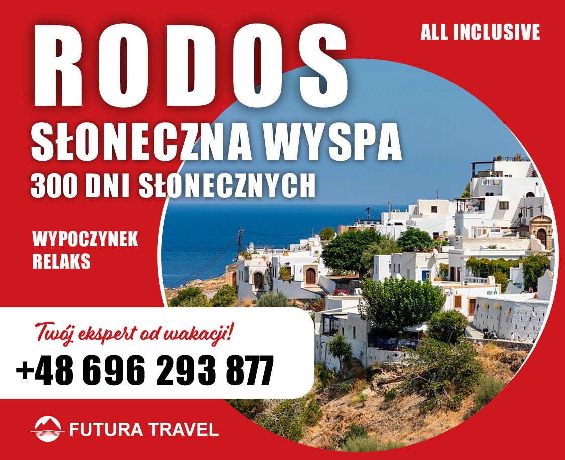 Rodos: Słoneczna wyspa z białymi domami na tle morza, oferta all inclusive, kontakt +48 696 293 877, logo Futura Travel. Wypoczynek i relaks.