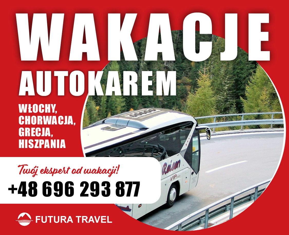 Plakat reklamowy: wakacje autokarem do Włoch, Chorwacji, Grecji i Hiszpanii. Autobus na tle górskiego krajobrazu, numer telefonu i logo Futura Travel.