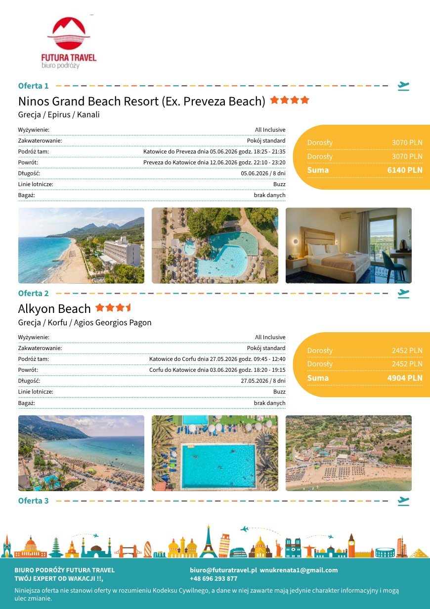 Ulotka biura podróży Futura Travel z ofertami: Ninos Grand Beach Resort i Alkyon Beach. Daty wyjazdów, ceny, zdjęcia hoteli i plaż. Wakacje 2026.