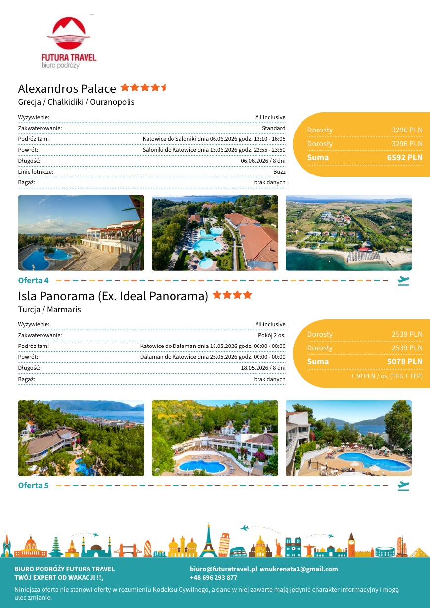Ulotka biura podróży Futura Travel z ofertami wycieczek do Grecji i Turcji w 2026, zawierająca zdjęcia hoteli z basenami i informacje o cenach oraz datach.