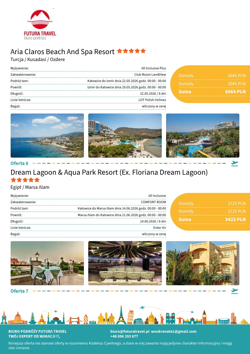 Ulotka biura podróży Futura Travel z ofertami wycieczek do Turcji (Aria Claros Beach) i Egiptu (Dream Lagoon). Zdjęcia kurortów, ceny, terminy wyjazdów.