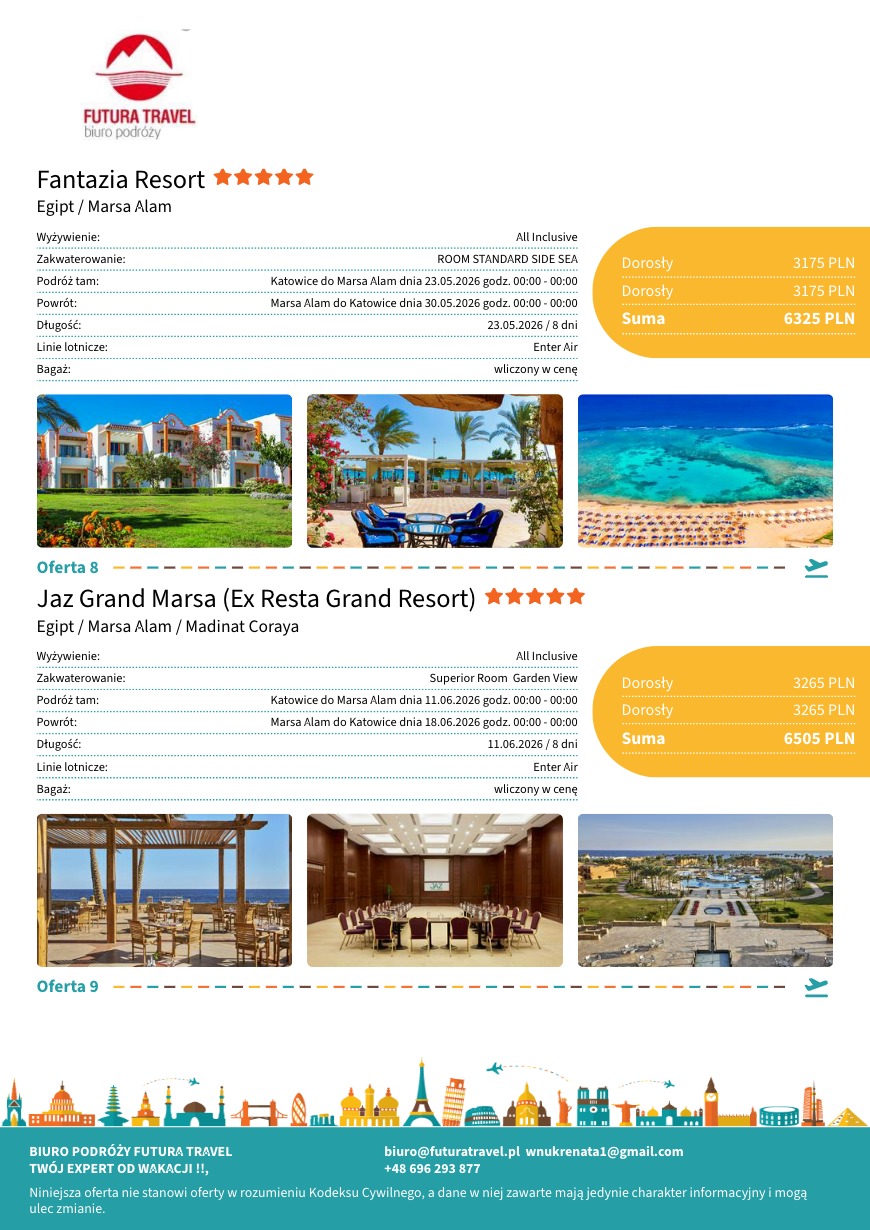 Oferta biura podróży Futura Travel: Fantazia Resort i Jaz Grand Marsa w Egipcie. Informacje o terminach, cenach, zakwaterowaniu i wyżywieniu. Atrakcyjne zdjęcia hoteli.