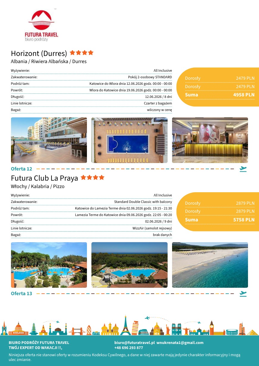 Ulotka biura podróży Futura Travel z ofertami wakacyjnymi: Albania (Durres) i Włochy (Kalabria). Zawiera zdjęcia hoteli, basenów i plaż oraz szczegóły wycieczek.