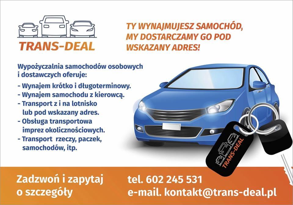 Grafika reklamowa wypożyczalni samochodów: niebieski samochód osobowy, kluczyki z logo firmy, hasło 'My dostarczamy go pod wskazany adres!', dane kontaktowe.