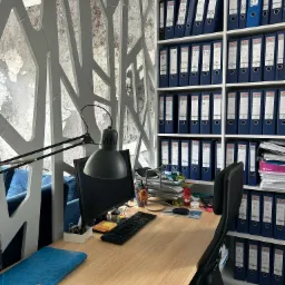 Biuro z biurkiem z jasnego drewna, czarnym monitorem i lampką, regał z segregatorami w tle, element dekoracyjny na ścianie w kształcie drzewa