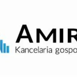 Logo 'AMIRO Kancelaria gospodarcza' z niebieskim symbolem graficznym przypominającym wykres słupkowy w kształcie litery A, na białym tle.