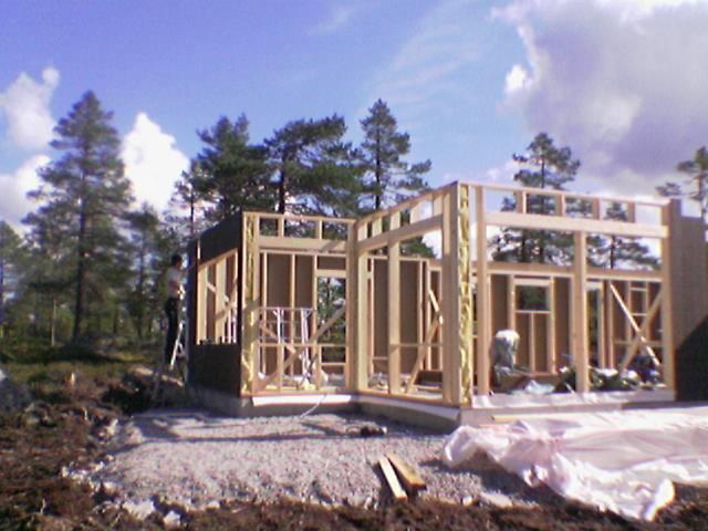 Wznoszenie konstrukcji szkieletowej domu na fundamencie, widok na drewniane ramy ścian i stropu, z pracownikiem na drabinie przytwierdzającym płyty OSB.