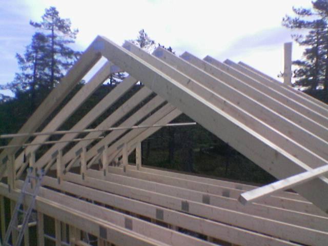 Konstrukcja dachu z drewna, widok z wnętrza budowy. W tle drzewa i niebo. Na pierwszym planie fragment drabiny.