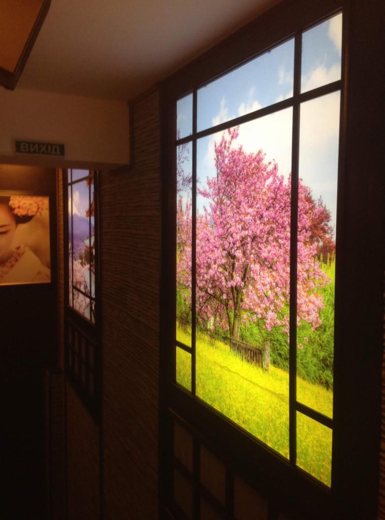 Okleina imitująca okno z widokiem na kwitnące drzewo wiśni, widoczne z ciemnego pomieszczenia. Dekoracja wnętrza z efektem wizualnym.