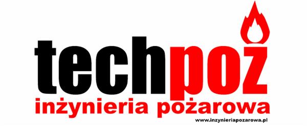 Czarno-czerwone logo 'techpoż' z płomieniem, pod spodem napis 'inżynieria pożarowa' i adres strony internetowej na białym tle.