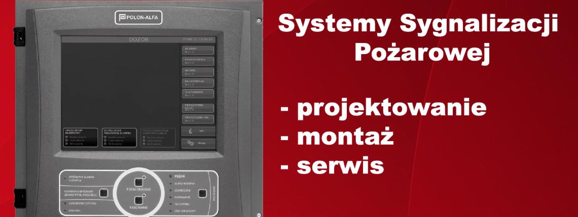 Panel sterowania systemem sygnalizacji pożarowej Polon-Alfa z tekstem: projektowanie, montaż, serwis na czerwonym tle. Widoczny ekran z przyciskami.