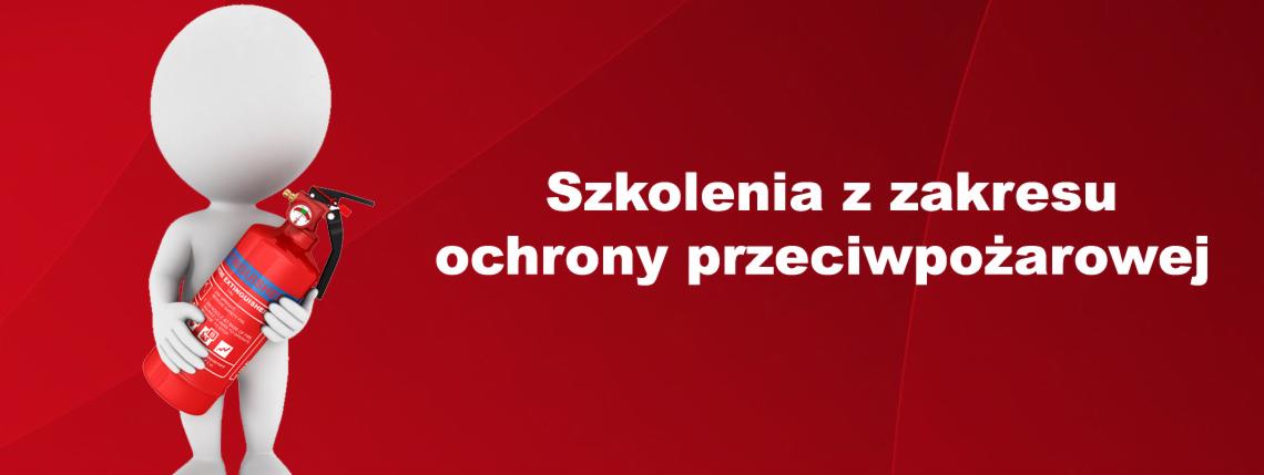 Grafika: Manekin trzyma czerwony gaśnicę na tle napisu 'Szkolenia z zakresu ochrony przeciwpożarowej'.