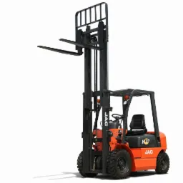 Pomarańczowy wózek widłowy JAC H20 na białym tle, z podniesionymi widłami i widocznym logo marki. Sprzęt magazynowy, transport wewnętrzny, widok z boku.