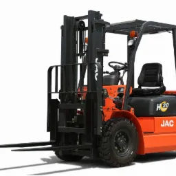 Pomarańczowy wózek widłowy JAC H20 z czarną konstrukcją, widok z boku na białym tle, z wyraźnie zaznaczonymi oponami i elementami hydraulicznymi.